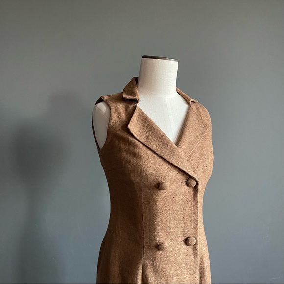 Vintage Brown Raw Silk Sleeveless Blazer Dress Double Breasted Petite 2P - Picture 2 of 6